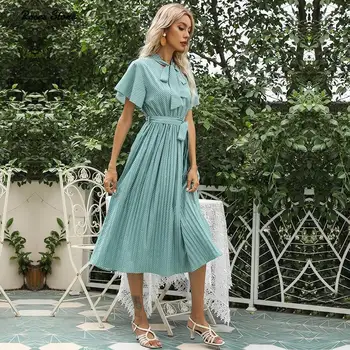 Ir 2021. Vasaras tauriņu Apkakli, Īsām Piedurknēm Kleitas Kroku Sieviešu Modes Elegantajā Zaļajā Midi Kleita Ar Jostu, Dzimšanas dienas svinības Apģērbi