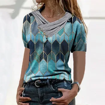 Ir 2021. Vasaras Vintage Ģeometriskā Drukāt Blūze Krekli, Sieviešu Ikdienas Īsās Piedurknes Džemperi, Topi Dāmas Elegantu V-Kakla Blusa Steetwear