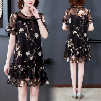 Ir 2021. Vasaras Ziedu Mulberry Zīda Mini Kleita Sievietēm Vintage Gadījuma Black Print 3XL Plus Lieluma Kleitu Elegants Bodycon Puse Vestidos