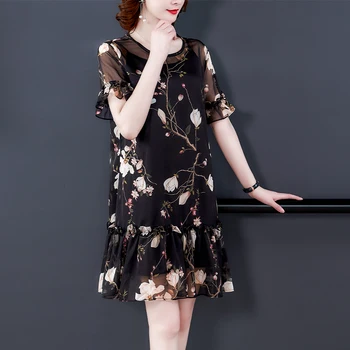 Ir 2021. Vasaras Ziedu Mulberry Zīda Mini Kleita Sievietēm Vintage Gadījuma Black Print 3XL Plus Lieluma Kleitu Elegants Bodycon Puse Vestidos