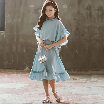 Ir 2021. Vasarā Jaunu Bērnu, Meiteņu Kleitu Zilā Ruffles Raibs Tīņi Meitene Kleitas Modes Bērni Pludmales Kleitu Virs Ceļgala Apģērbi