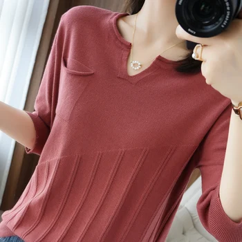 Ir 2021. vasarā jaunu dāmu T-krekls ar V-veida kakla gadījuma trikotāžas džemperis pusi piedurknēm plus lieluma sieviešu topi vienkrāsainu t-veida karstā