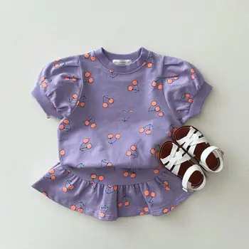 Ir 2021. Vasarā Jaunu Kokvilnas Princese Meiteņu Drēbes Set Baby Girl Puff Piedurknēm Krekls Komplekts Ķiršu Drukas Bērnu Svārki Uzvalks