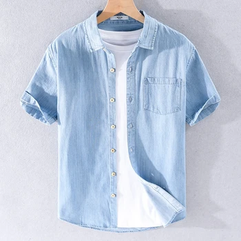 Ir 2021. Vasarā Jaunu Kokvilnas Īsām piedurknēm Vīriešu Džinsa Krekls Classic Viss atbilst Zilā Kovboju Vienkāršs Krekls Vīriešu korejiešu Stila Slim Topi