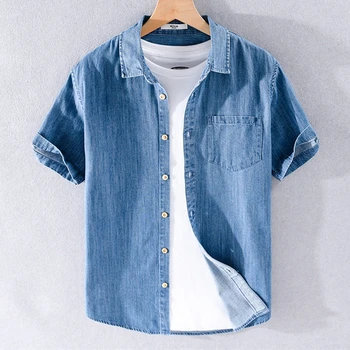 Ir 2021. Vasarā Jaunu Kokvilnas Īsām piedurknēm Vīriešu Džinsa Krekls Classic Viss atbilst Zilā Kovboju Vienkāršs Krekls Vīriešu korejiešu Stila Slim Topi