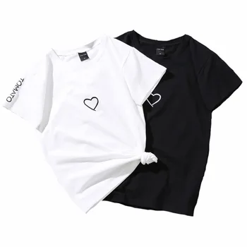 Ir 2021. Vasarā Pāri Mīļotājiem T-Krekls Sievietēm Gadījuma Balts Tops Tshirt Sieviešu T Krekls Mīlestības Sirds Izšuvumu Print T-Krekls Sieviešu