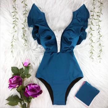 Ir 2021. Viens Gabals Peldkostīms Sexy Savirmot Drukāt Ziedu Pie Pleca Peldkostīmi Sieviešu Cietā Deep-V Beachwear Peldkostīms Monkini
