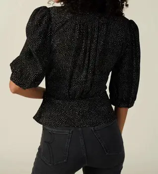 Ir 2021. Vintage Francija Stila Puff Piedurknēm Krekls Modes Dot Drukas Atloks, Vidukļa, Krusta Blūze Sievietēm viengabala Īss Tops