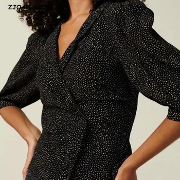 Ir 2021. Vintage Francija Stila Puff Piedurknēm Krekls Modes Dot Drukas Atloks, Vidukļa, Krusta Blūze Sievietēm viengabala Īss Tops