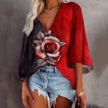 Ir 2021. Vintage Izlīdzināšanu Ar Garām Piedurknēm Rudens Krekls Topi Sexy Dziļu V Veida Kakla Pavasara Džemperi Blusas Sieviešu Rose Puķu Iespiesti Zaudēt Blūze