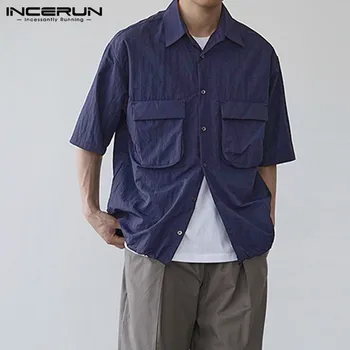 Ir 2021. Vīriešu Ikdienas Krekls Savukārt Apkakle vienkrāsainu Kabatas Streetwear Pusi Piedurknēm Modes Krekli Vīriešu Vasaras Camisa INCERUN S-5XL
