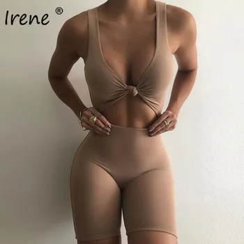 Irene Bodycon Sexy Jumpsuits Sieviešu Vasaras V Kakla Dobi Pie Pleca Playsuits Ir 2021. Black Fitnesa Sporta Īsā Jumpsuit