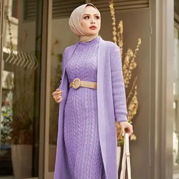 IslamicExpress 2 Gabali Sieviete Trikotāžas Kleita Uzvalks, (Jauns Ver.) Gara Jaka un Maxi, midi Musulmaņu Modes Ziemas Apģērbu Turcija