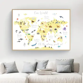 Izglītības Dzīvnieku Pasaules Kartes Attēlu Bērniem Plakātu Bērnudārza Sienas Mākslas Audekls Gleznošanai Drukāt Mazulim, Mazulis, rotaļu istaba Mājas sienas Dekori