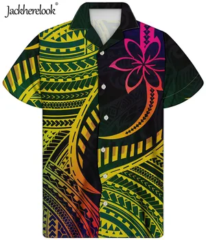Jackherelook Īsām Piedurknēm Havaju Vīriešiem, Krekli Krāsains Polinēziešu Tetovēšanas Samoa Hibiscus Ziedu Drukāt Vasaras Pludmales Topi Krekls