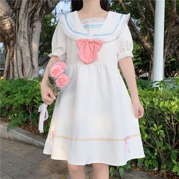 Japāņu Gudrs Trušu Ausis Lolita Kawaii Vasaras Kleita Sievietēm Ir 2021. Jaunu Salda Meitene, Kas Šūtas Navy Apkakles Puff Īsām Piedurknēm Mini Kleita