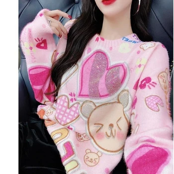 Japāņu Lolita Anime Y2k Trikotāžas Džemperis Cute Rozā Džemperis Meitene Skolas Silts Ziemas Džemperis Sieviešu Multiplikācijas Filmu Top Gadījuma Streetwear