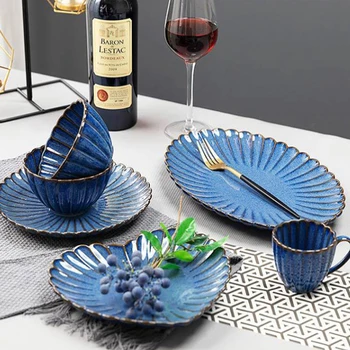 Japāņu Retro Krāsns Maiņa Zilu Glazūru Virtuves Galda Piederumu Komplekts Steiks Rietumu Vakariņas Plāksnes Keramikas Plāksnītes Bļodā Karoti Mājas Dinnerware