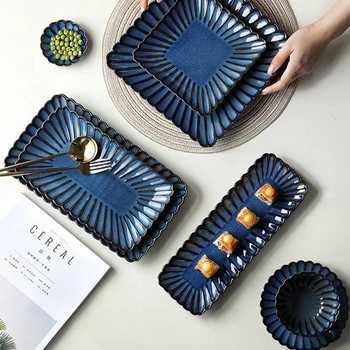 Japāņu Retro Krāsns Maiņa Zilu Glazūru Virtuves Galda Piederumu Komplekts Steiks Rietumu Vakariņas Plāksnes Keramikas Plāksnītes Bļodā Karoti Mājas Dinnerware