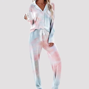 Jauna Rudens Sieviešu Kaklasaišu Krāsošanas Savukārt Apkakles Pogas Homewear Kostīmi Pidžamas Pilnu Piedurknēm Bikses Sleepwear Mīksta Āda-Draudzīgi Loungewear