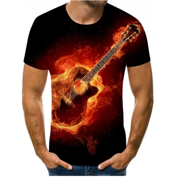 Jaunas vasaras 3D iespiesti uguns ģitāra īsām piedurknēm vīriešu T-krekls cool mūzika tīras kokvilnas vīriešu/sieviešu plus izmēru T-kreklu (pāriem)