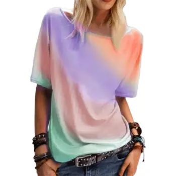 Jaunas Vasaras Sieviešu Modes Gadījuma O-veida Kakla Īsām Piedurknēm T-Krekls Gradientu, Krāsu Druka, Krekli Dāmu Gadījuma Zaudēt Plus Lieluma Top 5XL