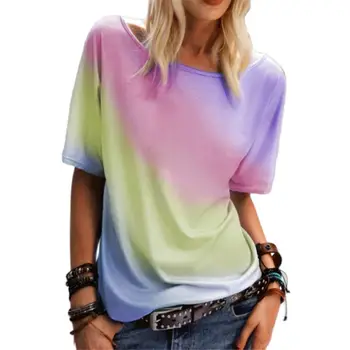 Jaunas Vasaras Sieviešu Modes Gadījuma O-veida Kakla Īsām Piedurknēm T-Krekls Gradientu, Krāsu Druka, Krekli Dāmu Gadījuma Zaudēt Plus Lieluma Top 5XL
