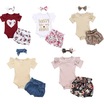 Jaundzimušais Meiteņu Apģērbu Komplekti Ir 2021. Vasaras Īsām Piedurknēm Bowtie Romper+Šorti Kleita+Galvas Infant baby meitene apģērbs apģērbs