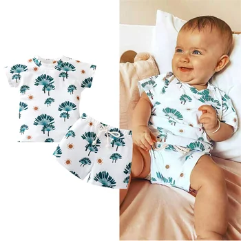 Jaundzimušo Bērnu 2gab Vasaras Apģērbu Komplekti Īsām Piedurknēm Saule Lapu Drukas T-Krekls + Šorti Komplekts Zīdaiņiem, Bērnu Zēniem Meitenēm Gadījuma Tērpiem