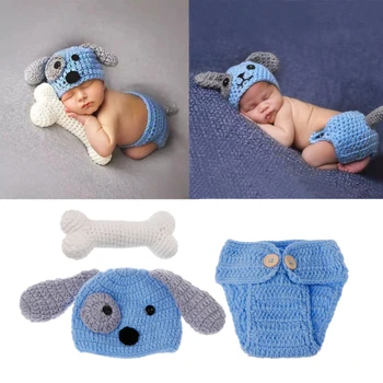 Jaundzimušo Bērnu Foto Aksesuārus Tērpiem Tamborētas Trikotāžas Blue Dog Cepure, Šorti ar Kaulu Komplekts Zēniem Meitenes Fotogrāfija Atvašu (0-9 Mēneši)