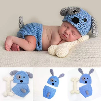 Jaundzimušo Bērnu Foto Aksesuārus Tērpiem Tamborētas Trikotāžas Blue Dog Cepure, Šorti ar Kaulu Komplekts Zēniem Meitenes Fotogrāfija Atvašu (0-9 Mēneši)