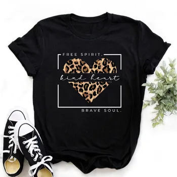 Jauno Leopard Print Mīlestība, Sieviešu T-krekls VEIDA SIRDS Drukāt Vasaras Sieviešu Īsām Piedurknēm Melnā T-krekls Modes Sieviešu Tops