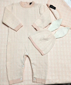 Jaunu 2021. gada ziemas Modes zīdaiņu apģērbu Burtu stils Toddler jaundzimušo puiku un meiteņu Romper un cepure, Brūna, rozā adīt džemperis 0-24M