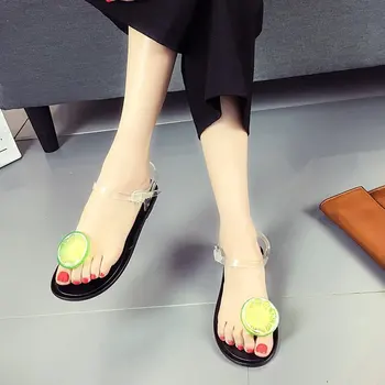 Jaunu 2021 jauno vasaras vienkāršu korejas dzīvoklis augļu sandales klipu kājām, sandales sieviešu pludmales apavus, caurspīdīgs