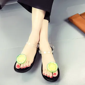 Jaunu 2021 jauno vasaras vienkāršu korejas dzīvoklis augļu sandales klipu kājām, sandales sieviešu pludmales apavus, caurspīdīgs
