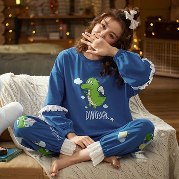Jaunu 2021 Sieviešu Pidžamas Komplekts Jauki Kaķis Drukāt Kokvilnas Naktsveļu Garām Piedurknēm + Elsas Sleepwear Meitenes Modes Ziemas Homewear