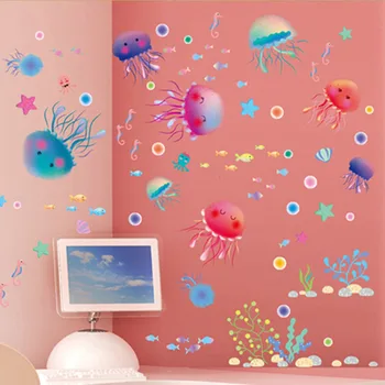 Jaunu 3D Okeāna Jūras Medūzas Sienas Uzlīmes Uz Sienas bērniem, Bērnu Istabas, Vannas istaba DIY Mājas Dekoru PVC Vinila Decals Apdare
