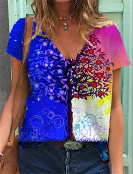 Jaunu Augu Multicolor Krāsains Drukāšanas Sieviešu Topi Vasaras Sexy V-neck Īsām piedurknēm T-shirtCasual Brīvs Džemperis Dāmu T-krekls
