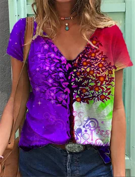 Jaunu Augu Multicolor Krāsains Drukāšanas Sieviešu Topi Vasaras Sexy V-neck Īsām piedurknēm T-shirtCasual Brīvs Džemperis Dāmu T-krekls