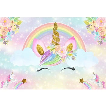 Jaunu Unicorn Tēmu Dzimšanas dienas svinības Fons Meitenes Varavīksnes Ziedi Bokeh Baby Dušas Jaundzimušo Fotogrāfijas Fonu