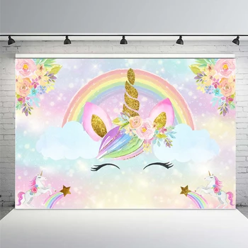 Jaunu Unicorn Tēmu Dzimšanas dienas svinības Fons Meitenes Varavīksnes Ziedi Bokeh Baby Dušas Jaundzimušo Fotogrāfijas Fonu