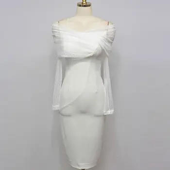 Jaunā Sieviešu Elegants Balts Mežģīņu zīmulis Kleita Slash kakla Bodycon Formālā Puse Nakts Klubu Kleitas, Pavasara Rudens