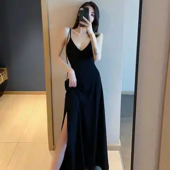 Jaunā stila maza melna kleita ar zeķu, seksīga un maiga ar V-kakla, retro gara melna kleita ar sānu šķēlumu