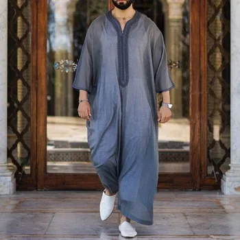 Jaunās Elektroniskās Identifikācijas (Eid) Ramadāna-Musulmaņu Modes V Kakla Caftan Tērpu Komplekti Ir 2021. Abaya Vīriešiem Retro Mūsdienu Ikdienas Zaudēt Tīrtoņa Krāsu Islāma Apģērbi