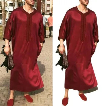 Jaunās Elektroniskās Identifikācijas (Eid) Ramadāna-Musulmaņu Modes V Kakla Caftan Tērpu Komplekti Ir 2021. Abaya Vīriešiem Retro Mūsdienu Ikdienas Zaudēt Tīrtoņa Krāsu Islāma Apģērbi
