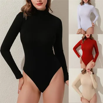 Jaunās O Apkakli, Garām Piedurknēm Tīrtoņa Krāsu Sexy Bodysuit Sieviešu Rudens Ziemas Ķermeņa Augšējā Gadījuma Dāma Streetwear Bodysuits