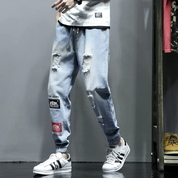 Jeans Black Vīriešu Slim fit Ripped džinsi Vīriešiem Joggers Harēma Džinsa Bikses Potītes garuma Bikses Streetwear Elastīgs viduklis Gadījuma