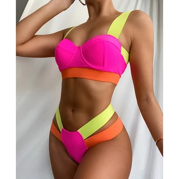 JyoJyo Sexy push up bikini ir 2021. mujer Underwire krāsu bloku peldkostīms sievietēm Pārsējs sporta peldkostīmi sieviešu peldkostīms Rozā