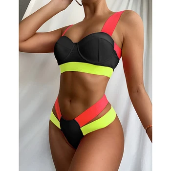JyoJyo Sexy push up bikini ir 2021. mujer Underwire krāsu bloku peldkostīms sievietēm Pārsējs sporta peldkostīmi sieviešu peldkostīms Rozā