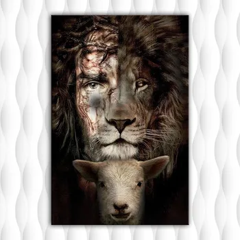 Jēzus un Lauva Un Jērs, Ideāla Kombinācija Sienas Art Print Plakātu Jēzus un Lauva Krāsošana Labākā Dāvana Sienu Dekors (Bez Rāmja)